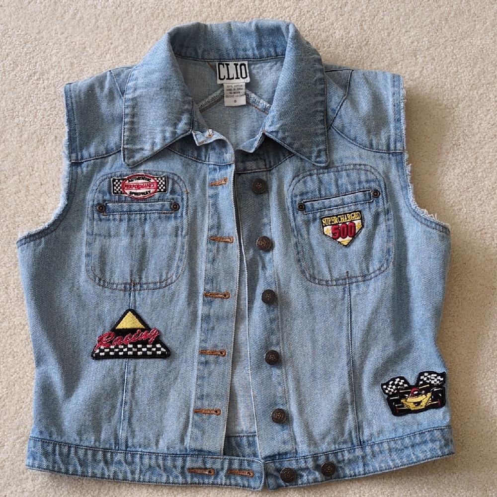 Clio Denim Vest Racing Patches Button Up Cropped Acid Wash Collar Distre…